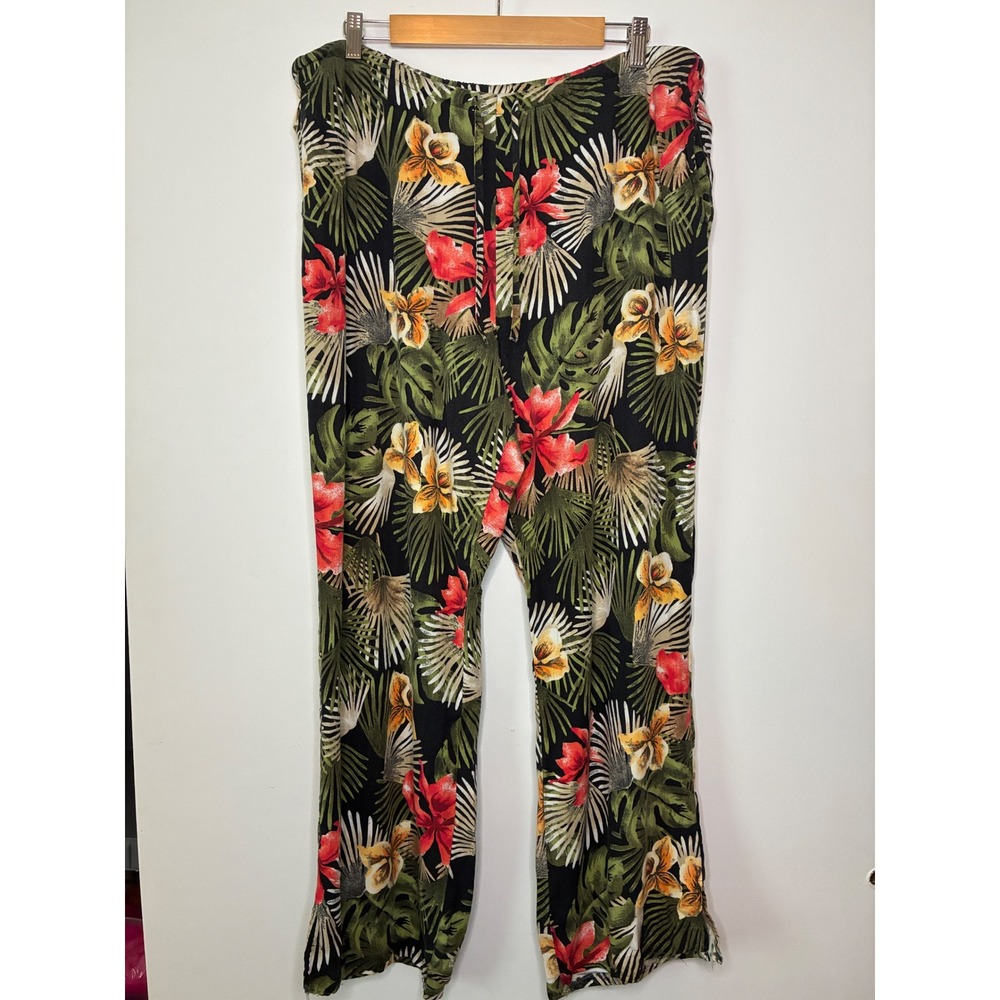 White Stag Pants Women XL Black Tropical Floral Rayon Wide Leg Pull On WS51398C
